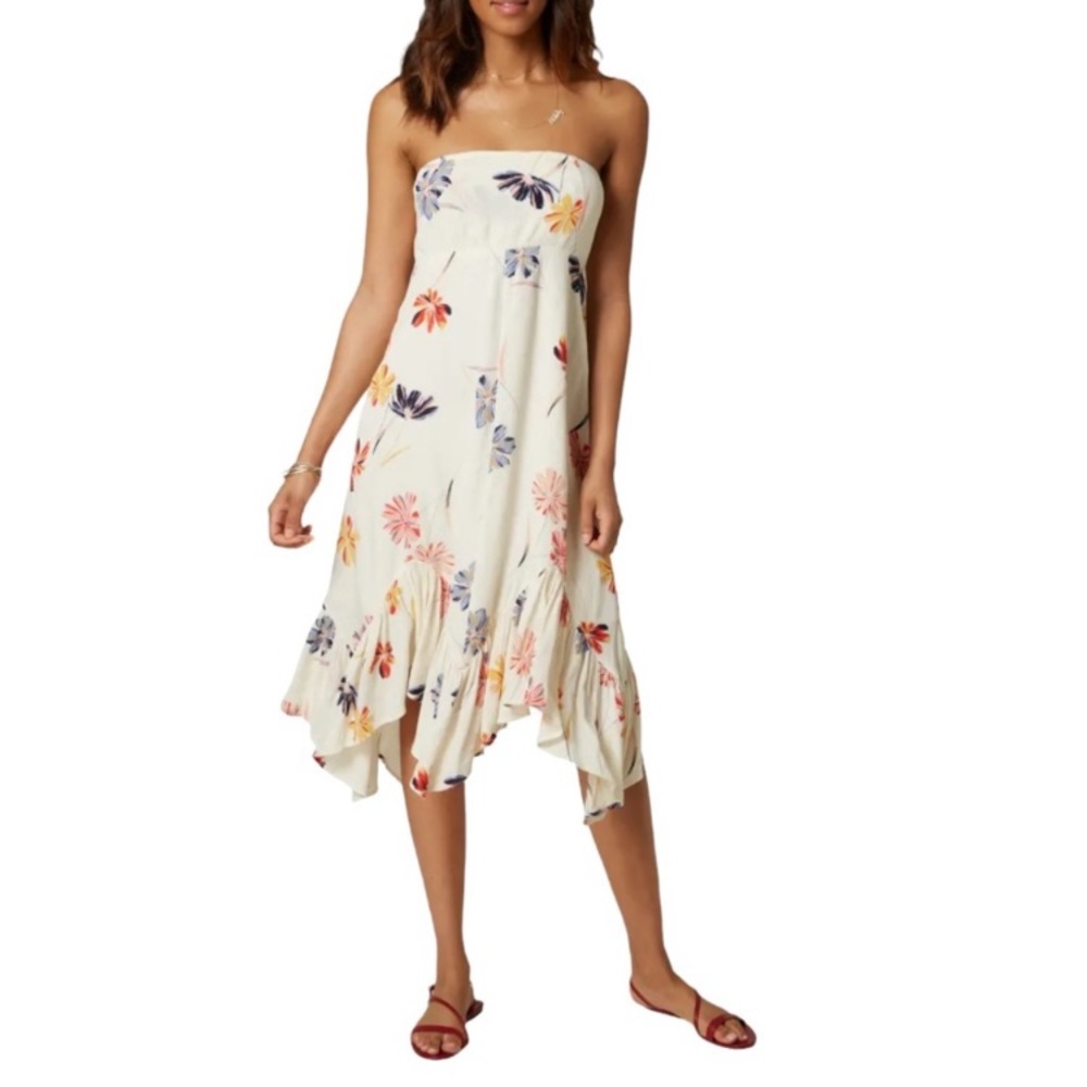 O'Neill Floral Strapless Midi Dress - Cream, Red, Purple